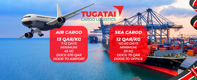 Cargo logistics comparison between air cargo and sea cargo showing pricing, delivery times, and documentation fees by Tugatai Cargo Logistics