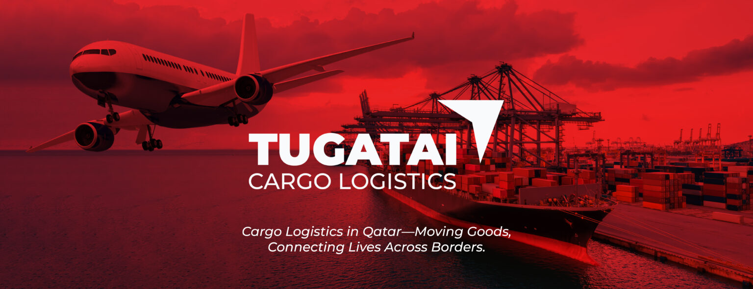 "Cargo logistics in Qatar – Airplane taking off and cargo ship docked at a busy port with shipping containers, representing international freight and logistics services by TUGATAI Cargo Logistics."